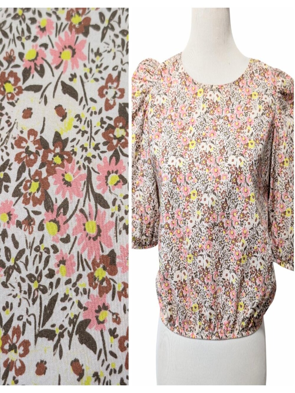 Nation LTD Women Sz S Heidi Girly Pink Floral Print Elastic Puff Sleeve Crop Top